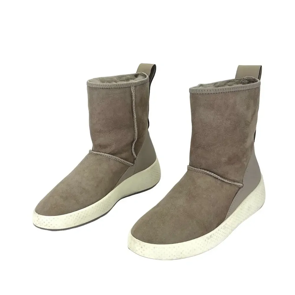 Ecco Women Taupe Winter Boot Size 5-5.5 Leather Shearling Lined Foldable Bootie